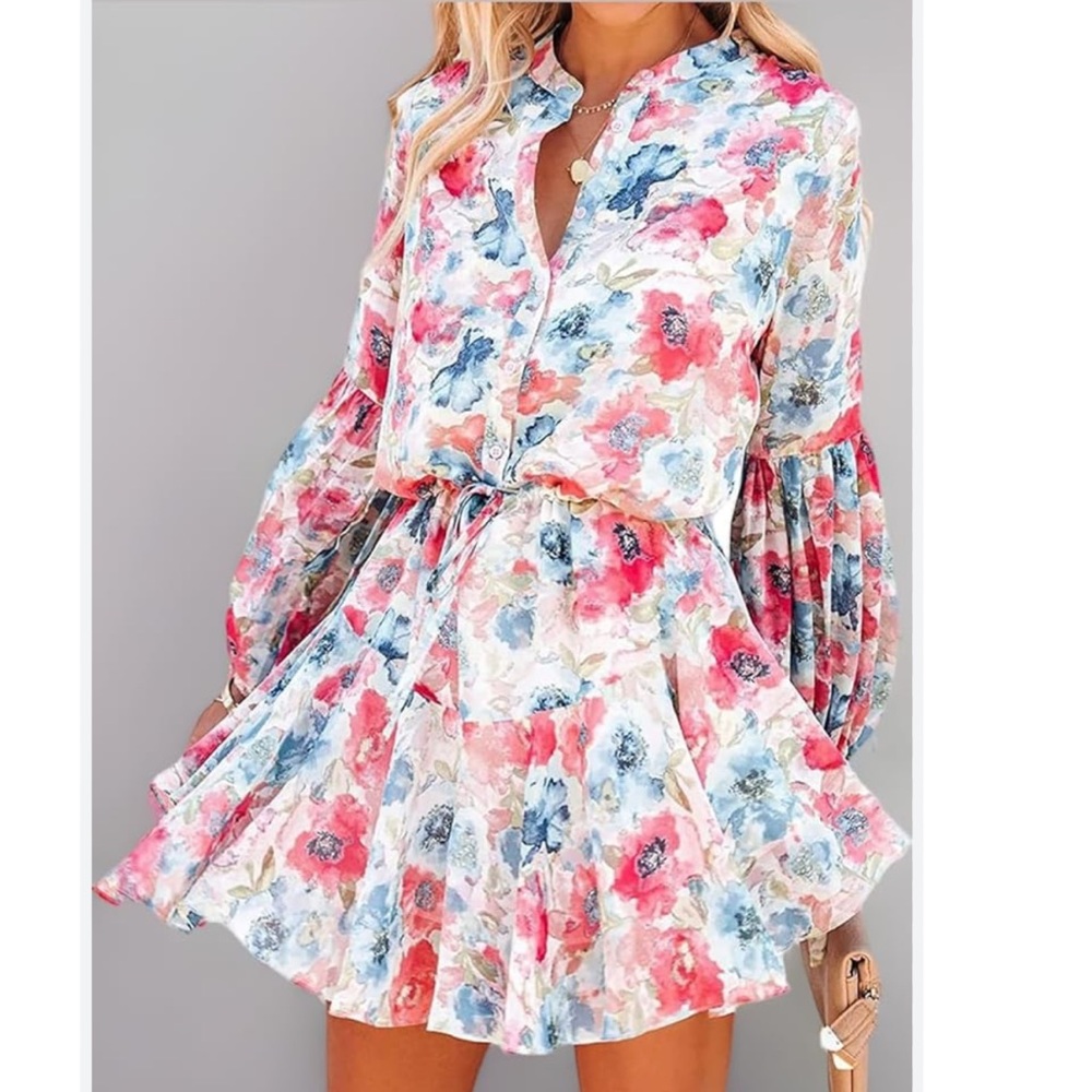 Clarisbelle Floral Button Down Lantern Sleeve Tie Waist Ruffle Swing size L